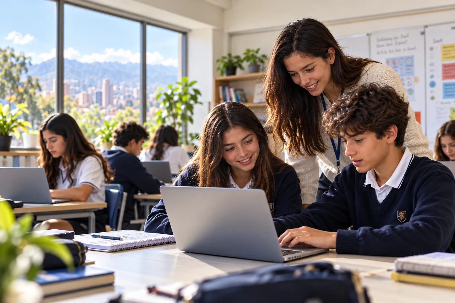 Una docente acompaña a dos estudiantes que programan en una laptop en el aula