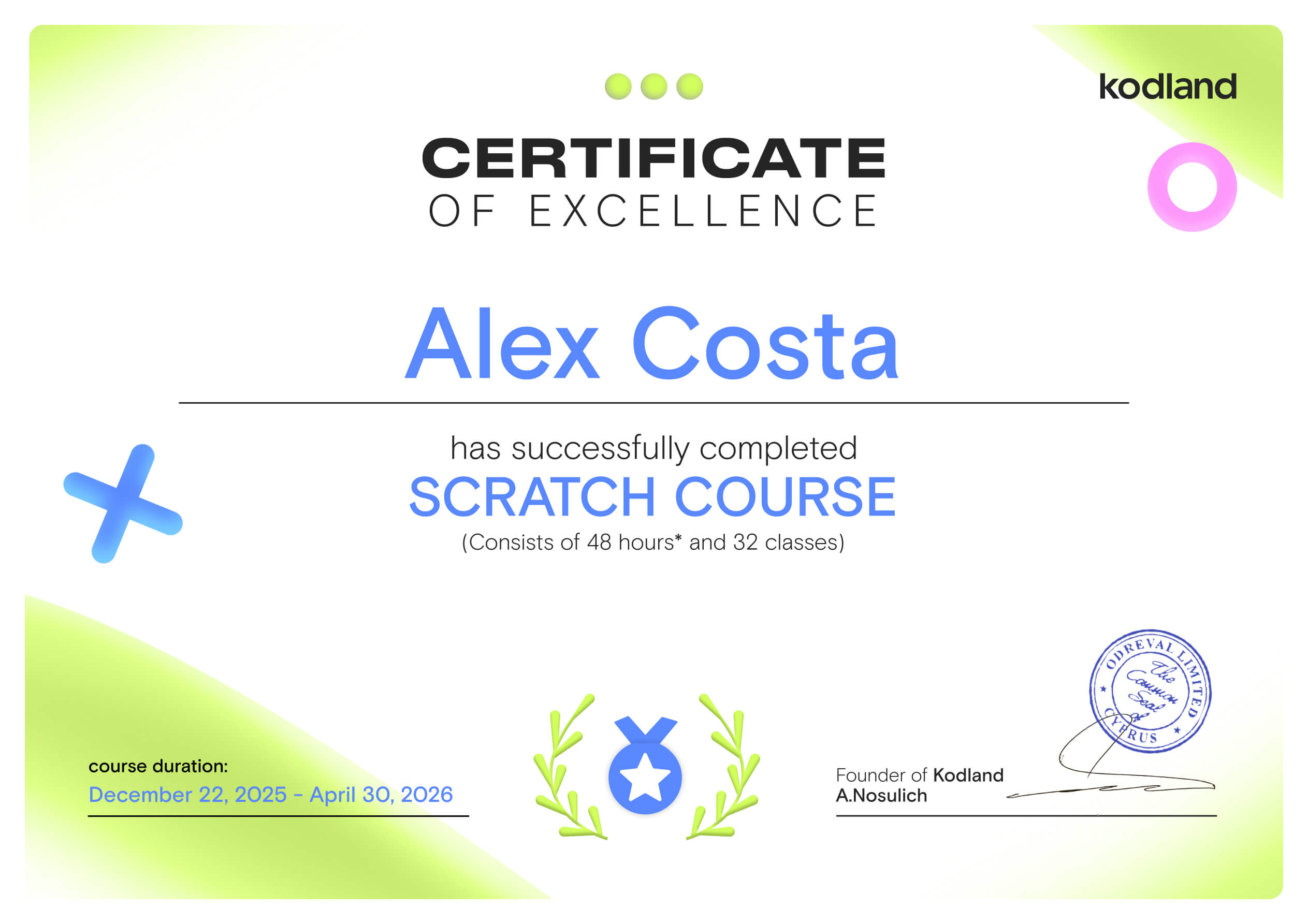 Ejemplo de certificado Kodland en inglés, a nombre de Alex Costa, por finalizar el curso de Scratch.